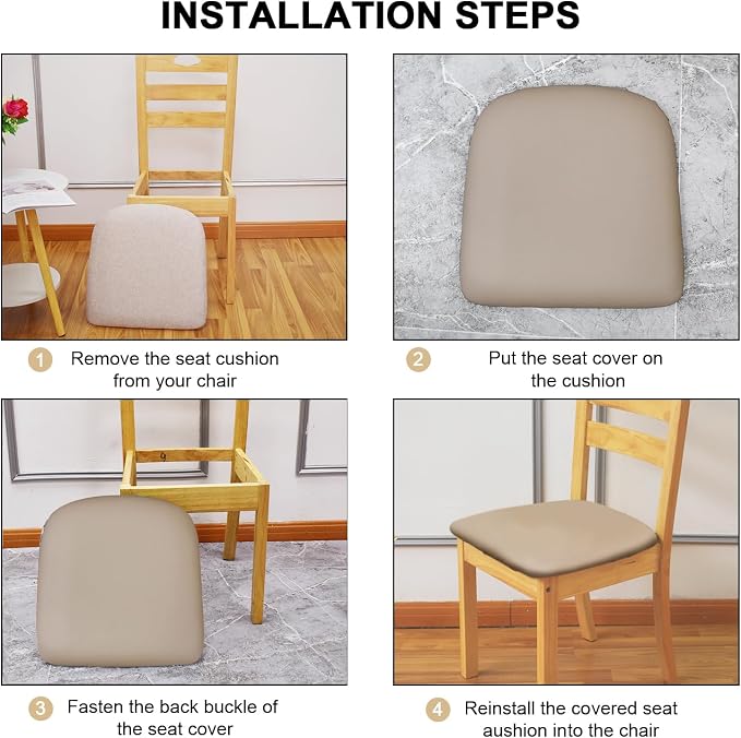 Leather Stretch Chair Seat Covers with Elastic Ties,Waterproof Dining Room PU Leather Chair Cover Seats,Removable Washable Chair Protector Seat Cushion Slipcovers for Home,Kitchen (khaki, 2 PCS)