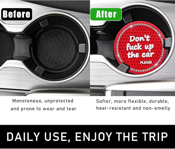 Ohleats Bling Car Cup Coaster, 2.75 Inch Non-Slip Don't Fuck Up My Car Please Cup Holder Insert Coaster, Crystal Rhinestone Auto Drink Cup Mat, Universal Car Accessories (Red-4PCS)