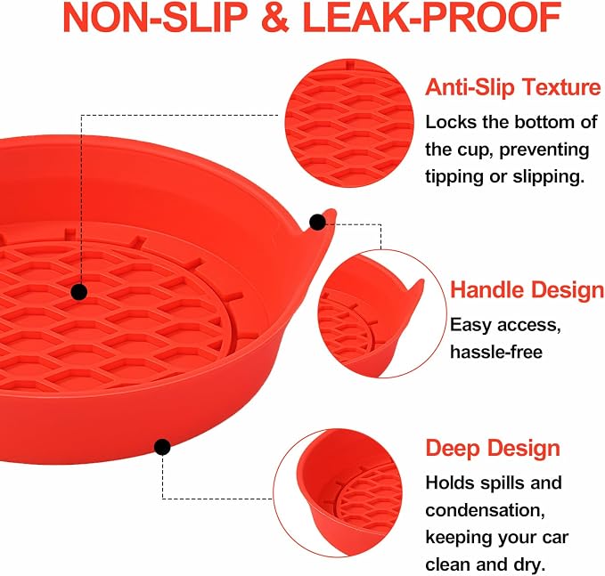 4 Pack Car Cup Holder Coaster, 3.15 Inch Non-Slip Silicone, Red | Cup holder insert, spill proof ,raised lip, honeycomb base, rinse clean, fits most sedans suvs trucks, automotive accessories
