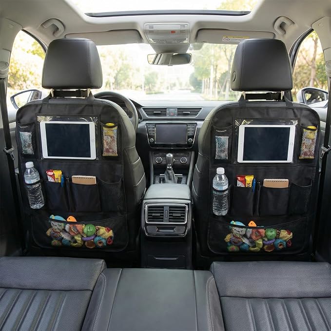 Craedli Car Backseat Organizer, Oxford Cloth Auto Seat Kick Mats with Clear Tablet Holder & 9 Pockets, Waterproof Back Seat Protector, Universal Car Road Trip Storage Essential (2PCS)