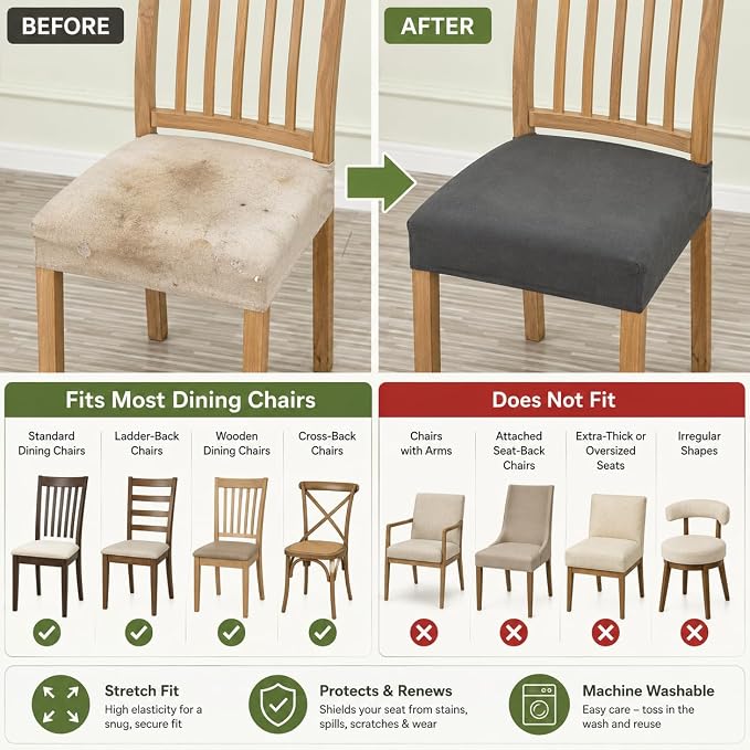 NILUOH Waterproof Seat Covers for Dining Room Chairs Set of 4, Stretch Chair Seat Slipcovers Dining Chair Cover Removable Washable Chair Protctor Cover, Rear Covers (Light Gray)
