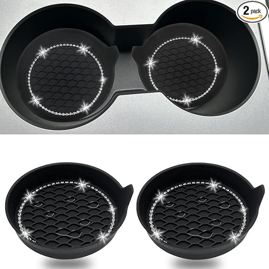 NBTEPEM 2PCS Bling Car Coasters, Non-Slip Insert Water Bottle Holder Pads, Bling Crystal Rhinestone Dustproof Automotive Interior Accessories, Universal for Vehicles, Trucks, RVs (2 pcs, Black)