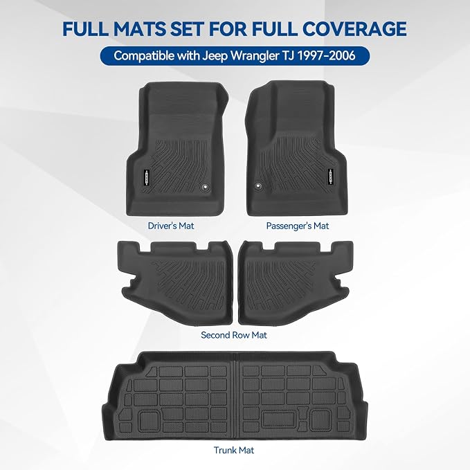 Custom Fit Floor Mats for Jeep Wrangler TJ 1997-2006, All Weather TPE Floor Liners, Odorless Full Set Interior Accessories