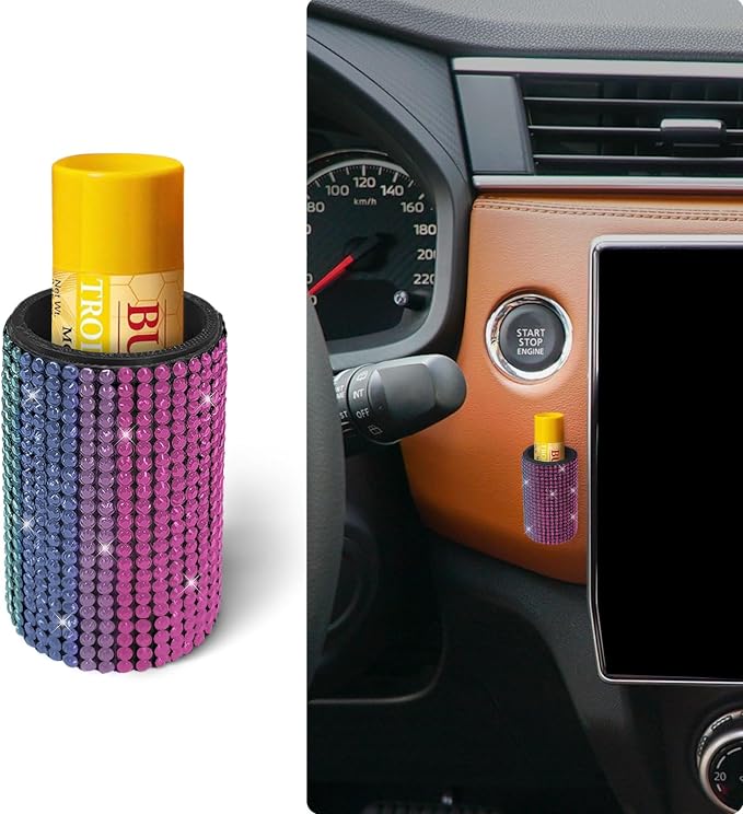 Upright Car Chapstick Holder, Bling Insulating Lip Balm Holder,Rhinestone Car Accessories for Women Interior ,Suitable for Most Vehicles. (Rainbow)