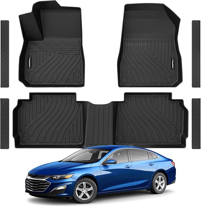 All Weather Floor Mats for 2016-2025 Chevy Malibu, TPE Rubber Floor Liners Anti-Slip Full Set with Door Sill Protectors Automotive Mats for 2024 2025 Chevy Malibu Accessories