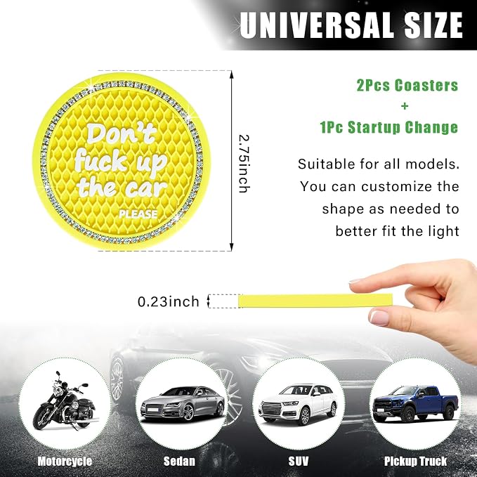 Ziciner 2 Pack Bling Car Cup Holder Coaster, 2.75 Inch Anti-Slip Auto Insert Coaster, Crystal Car Drink Mat Perfect for Women Girls, Universal Interior Decor Accessories (Yellow)