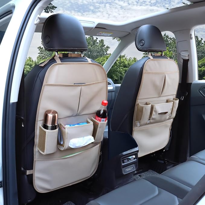 Car Backseat Organizer for Kids, Car Back Seat Storage Bag With 3 Pockets, 2 Drinks Holders, Water Resistant, Kids Toy Storage Kick Mat Back Seat Protector for Toddlers (Beige 1-Pack)