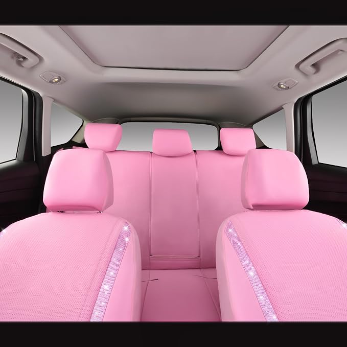 CAR PASS Bling Diamond Car Seat Covers Full Set, Shining Rhinestone Waterproof Faux Leather, Rear with Zipper, Universal Fit Automotive Glitter Crystal Sparkle Strips for Cute Women Girl, Pink