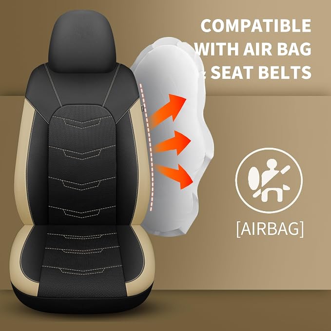 HChengkikz Car Seat Cover, Breathable and Sporty (Black + Beige) | Leather, Universal Fit for Most SUVs, Cars, Sedans, Trucks, Airbag Compatible, Easy to Install