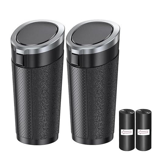 Car Trash Can with Lid, 2 Packs Leakproof Vehicle Garbage Bin, Compact Cup Holder Design, Includes 40 Trash Bags, Ideal for Car, Truck, Home, Office, Front & Back Seat Organizers (2-pack Silver)