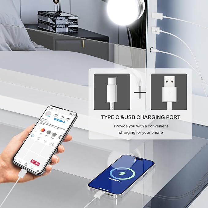 Gvnkvn 24 Extra Bulbs Vanity Mirror with Lights, 32WX24L Tabletop Hollyhood Makeup Mirror USB+Type-C Charging, Hollywood Lighted Mirror,3 Colors Modes,Touch Control,Metal Frame,White