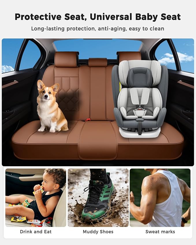 Huidasource Seat Covers Full Set, Universal Fit for Cars SUVs Trucks, Brown | Full Coverage Leather Car Seat Cover, Airbag, Cupholder Compatible, Seat Function Retain, Velcro Adjustable