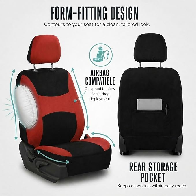 FH Group Car Seat Covers Full Set Cloth, Universal Fit combo, Automotive Covers, Low Back Front Airbag Compatible,Split Bench Rear Seat,Washable Cover for SUV,Sedan,Van Red