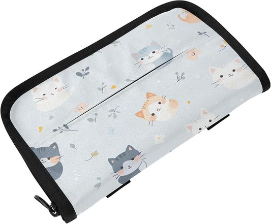 Car Tissue Holder Napkin Dispenser Box Storage Case Sun Visor Mask Holders with Adjustable Straps Reusable Refillable Cute Cats