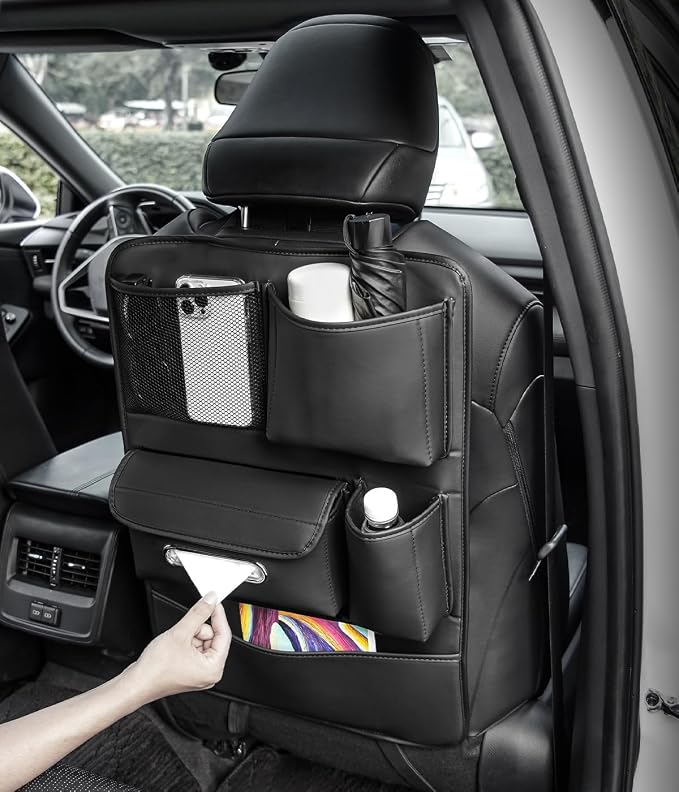 Backseat Car Organizer Including Tissue Holder, Car Interior Organization for Phone Sunglasses Cup Charger Umbrellas, Seat Anti-dirty Protection Pad, Multifunctional Leather Auto Accessories