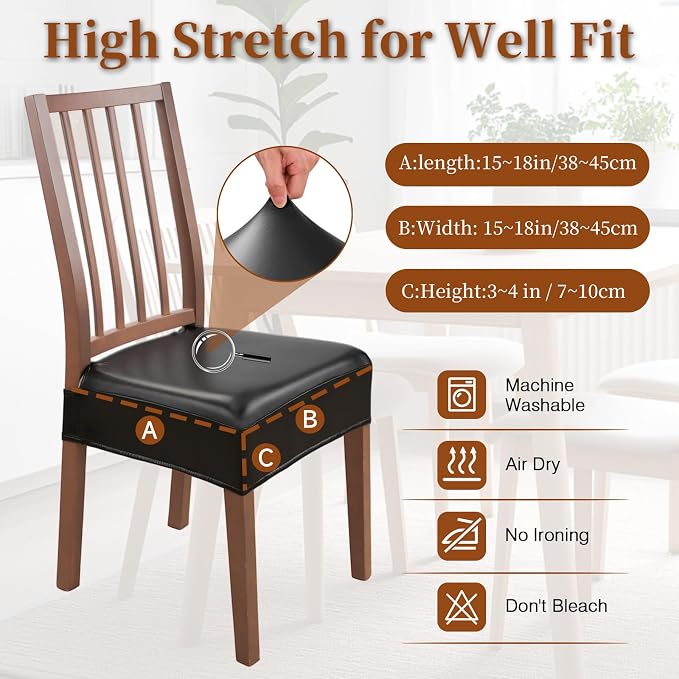 Waterproof Dining Chair Seat Covers Leather Kitchen Seat Covers, Stain Resistant Stretch Chair Seat Covers for Dining Room Chairs Set of 6, Rear Covered Washable Dining Chair Covers Black