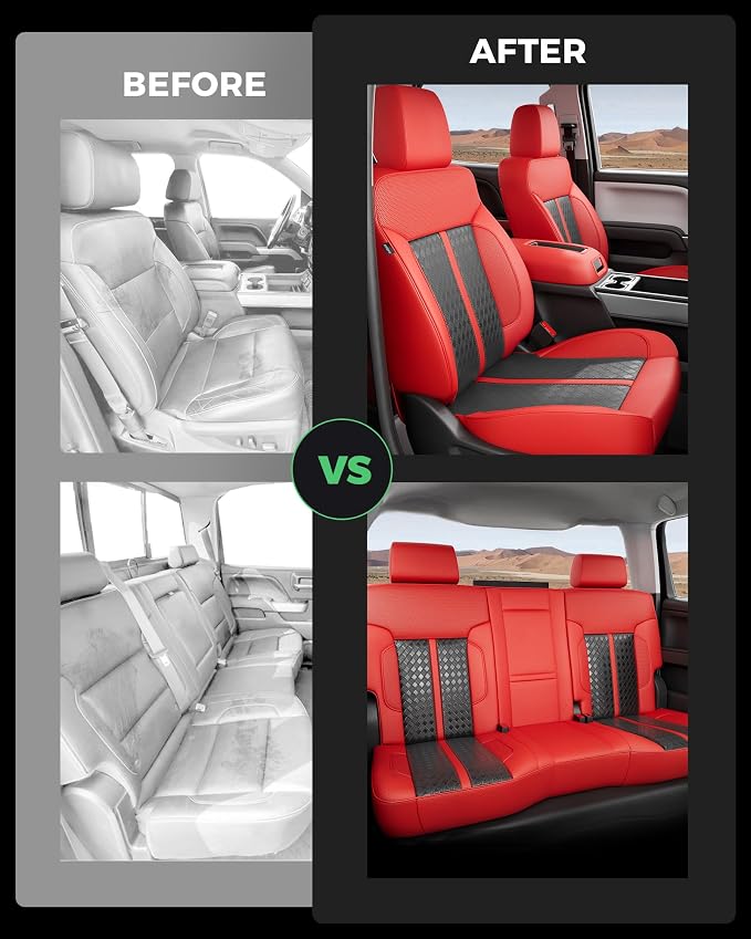 Custom Leather Seat Covers for 2014-2018 Sierra/Silverado 1500 | Only Crew Cab, Fits 2500/3500HD 2015-2020, no Rear Armrest/Seatback Storage, Waterproof, Scratch-resistant, Easy-clean