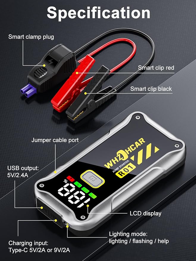 Car Jump Starter,12V 4000A Car Battery Jump Starter (9.0 Gas/7.5L Diesel) Fast Charging Portable Battery Pack with LCD Display Extended Jumper Cables LED Light