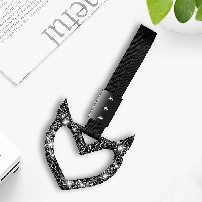 NBTEPEM Bling Heart Handle Keychains Bling Car Accessories for Women Hand Strap Drift Charm Rear Bumper Warning Ring Tsurikawa Heart Decor for Car Interior Exterior Decoration (Black, Devil Style)
