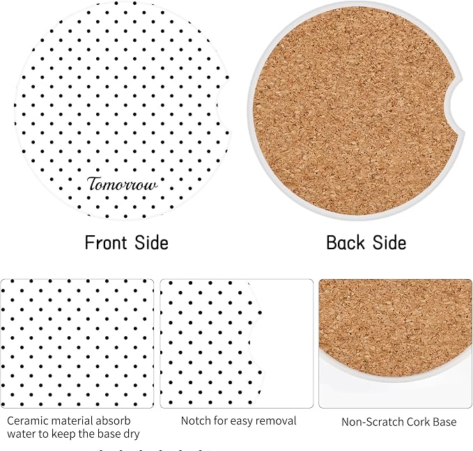 Cute Fashion Polka Dot Car Coasters 2 Pack for Cup Holders, 2.56 Inch Finger Notch Retro 70's Style Ceramics Heat Resistant Anti Slip Cork Base Car Drinks Coasters Auto Accessories-White