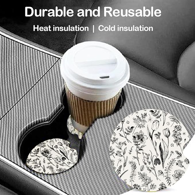 Ceramic Car Coasters – Absorbent Car Cup Holder Coaster Set for Women, Cute Aesthetic Car Accessories for Girls, 2 Pack (Cool Black)