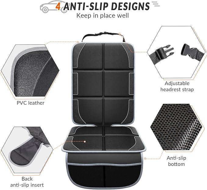 Gimars Car Seat Protector, 2 Pack, XL Thicken EPE Cushion Waterproof 600D Fabric Car Seat Cover for Child Car Seat with Nonslip Backing Mesh Pockets for Baby SUV Sedan Truck Leather Seats, Black-Gray