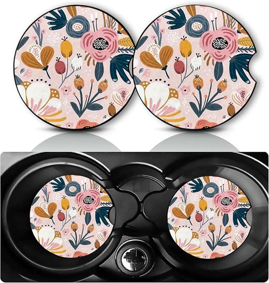 2PCS Floral Car Cup Holder Coasters Universal Anti-Slip Rubber Mat | Flower Auto Accessories Interior Decor, 2.75" Car Coasters for Cup Holders with Finger Slot, Floral Gifts for Women Men