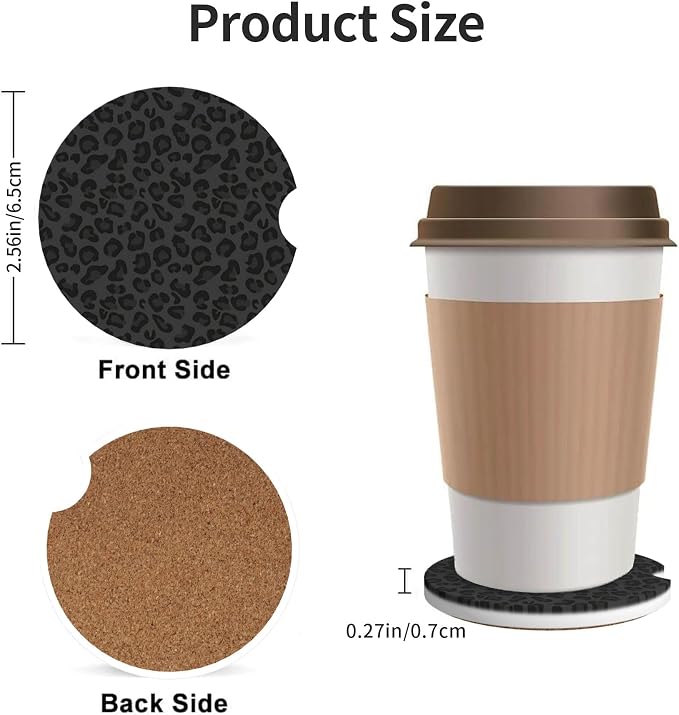 Absorbent Car Coasters for Cup Holders, 2 Pack Universal Anti Slip Ceramic Cup Coaster for Women Men 2.56 Inch Car Interior Accessories - Black Leopard Print 001