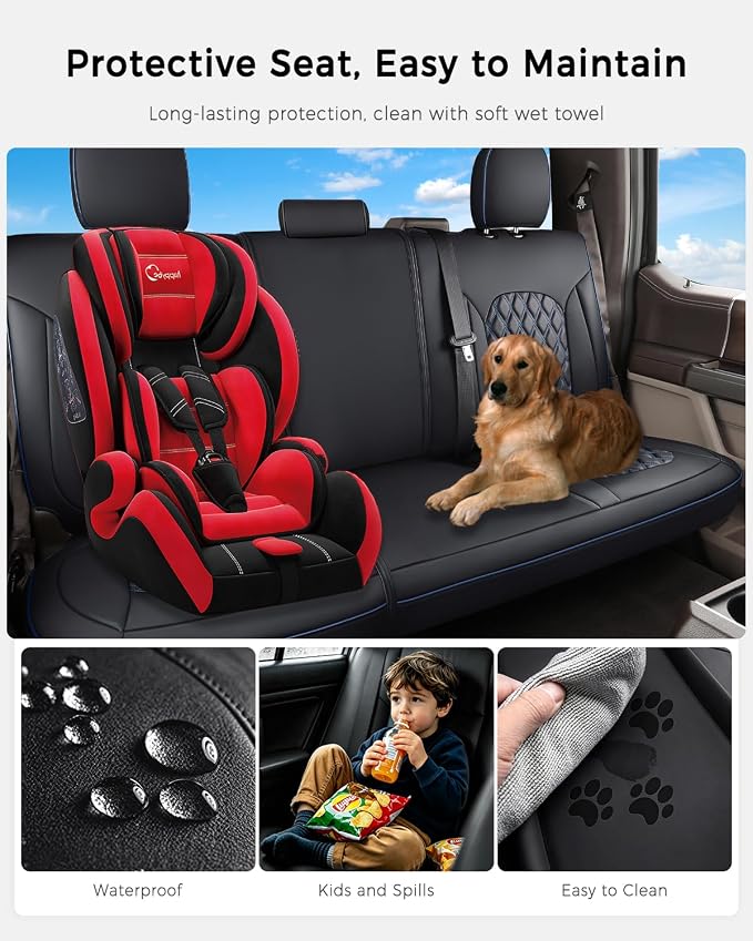 Huidasource Tacoma Rear Seat Covers, Automotive Leather Car Back Seat Cover Fit for 3rd Gen Toyota Tacoma 2016-2023 Double & Crew Cab SR SR5 Limited TRD Sport/Pro/Off Road (Back Row/Black&Blue)