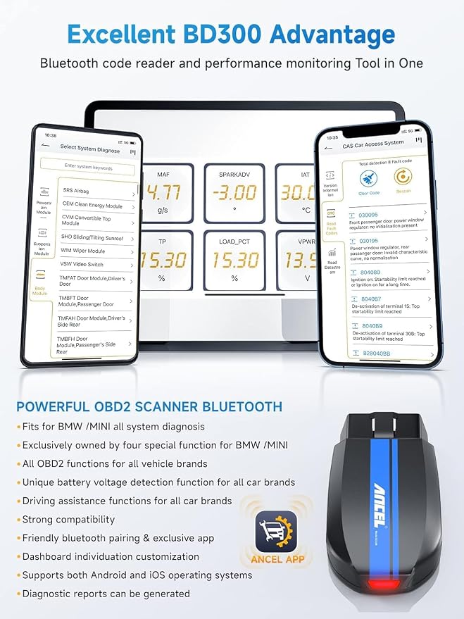 ANCEL BD300 Bluetooth OBD2 Scanner, Full System Code Reader and Diagnostic Tool for BMW with Battery Registration Service Reset EPB CBS ETC ABS Airbag & Powerful OBD2 Functions