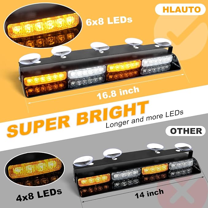 HLauto 604N Emergency Dash Strobe Lights: 2x16.8 inch Amber White Security Light w/Take Down, 48 LED Safety Flashing Warning Hazard Interior Windshield Light Bar for Truck Vehicle