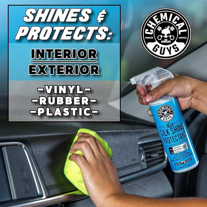 Chemical Guys, Silk Shine Vinyl, Rubber & Trim Dressing, Non-Greasy, 16 oz | Dries to a natural satin look with no greasy sling, works indoors and out on dashboards, door panels, bumpers and tires