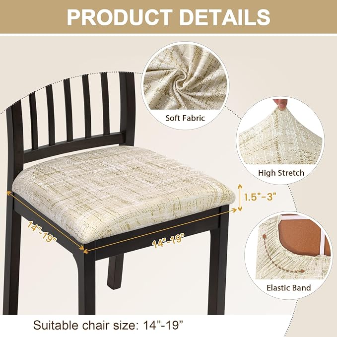 SearchI Seat Covers for Dining Room Chairs Stretch Printed Chair Seat Covers Set of 4, Removable Washable Upholstered Chair Seat Protector Cushion Slipcovers for Kitchen(Beige Linen-Look Print)