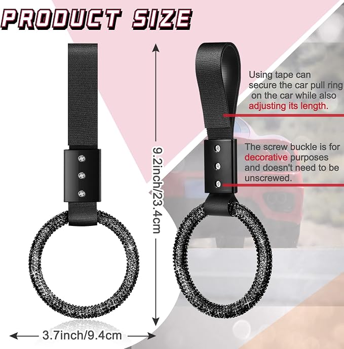 Fabbay Round Car Handle Strap Drift Charm Car Accessories Bling Handle Ring for Women Rear Bumper Warning Ring Decor for Auto Bus Interior Exterior Decoration (Black, Round Style)