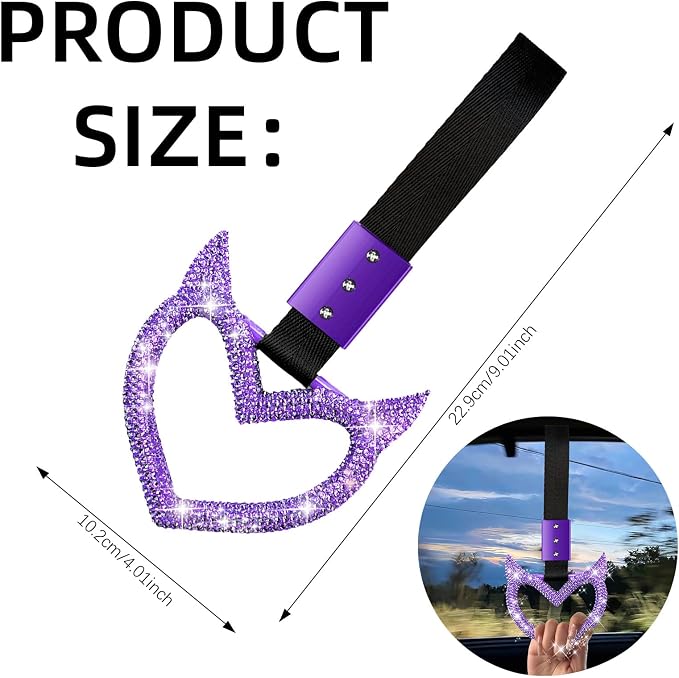 NBTEPEM Bling Heart Handle Keychains Bling Car Accessories for Women Hand Strap Drift Charm Rear Bumper Warning Ring Tsurikawa Heart Decor for Car Interior Exterior Decoration (Purple, Devil Style)