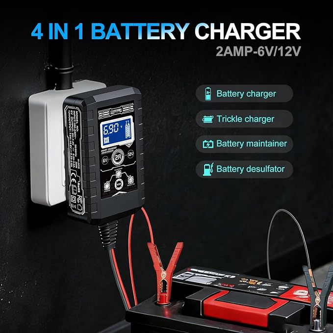 COREBOX Battery Charger 2-Amp 6V/12V Smart Trickle Charger for Car - Battery Maintainer Trickle Charger, and Automotive Battery Charger with Temperature Compensation for Car Truck Motorcycle