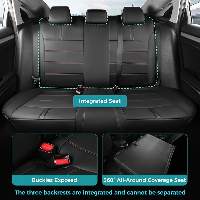 Seat Covers for Honda Civic Sedan LX 2016 2017 2018 2019 2020 2021, Faux Leather Car Seats Cover Full Set Waterproof, Black Red Line (Solid Rear Seatback - No Rear Armrest)