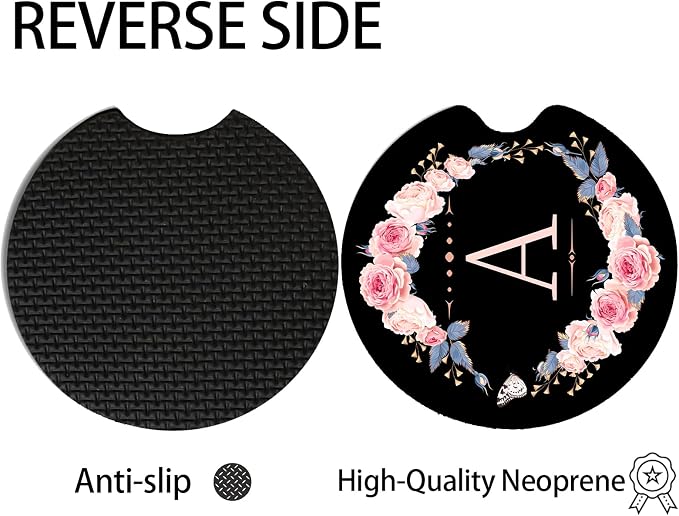 2pcs Letter A Car Coasters,Absorbent Universal neoprener Cup Holder Coasters with a Finger Notch,Car Accessories for Women&Man Interior，2.75"