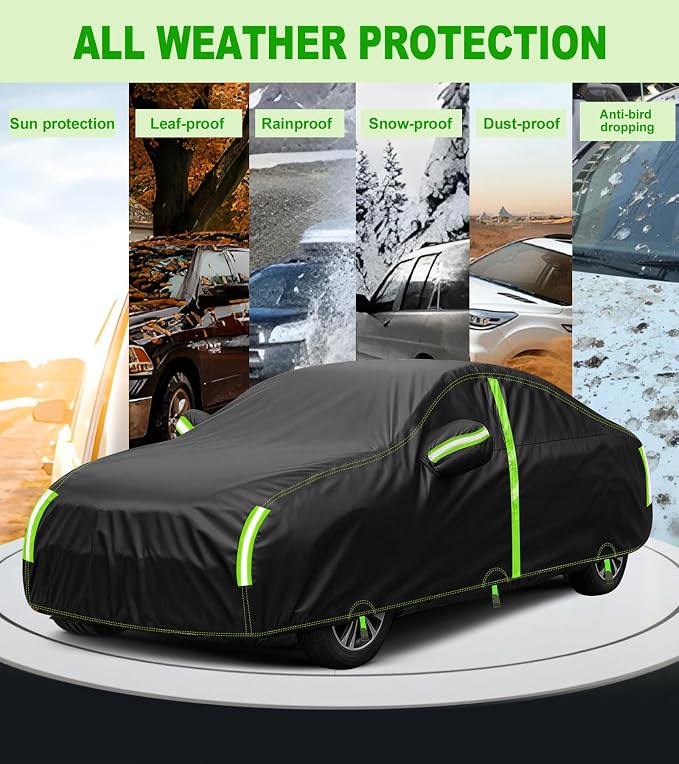 Car Cover Waterproof All Weather -Outdoor Car Snow Cover Snowproof UV Protection Windproof - Winter Rain Heavy Duty Full Car Covers Universal Fit for Sedan Length Up to 188 inch