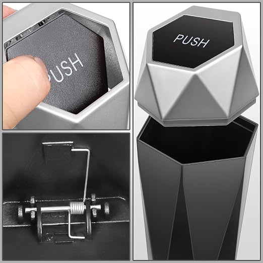 DNA Motoring Mini Car Auto Trash Can with Removable Lid, Leakproof Mini Garbage Bin for Automotive Home Office,Black/Silver,ZTL-OD-01-SL