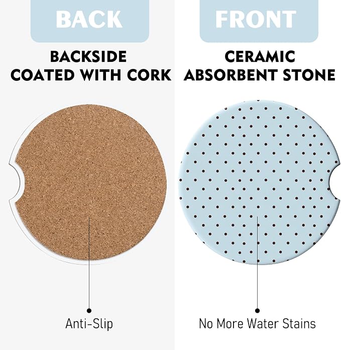 2 Pack Car Coasters for Cup Holders, Absorbent Ceramic Cup Coaster with Cork Base and Finger Notch, Cute Car Accessories Interior for Women Men (Blue Polka Dots)