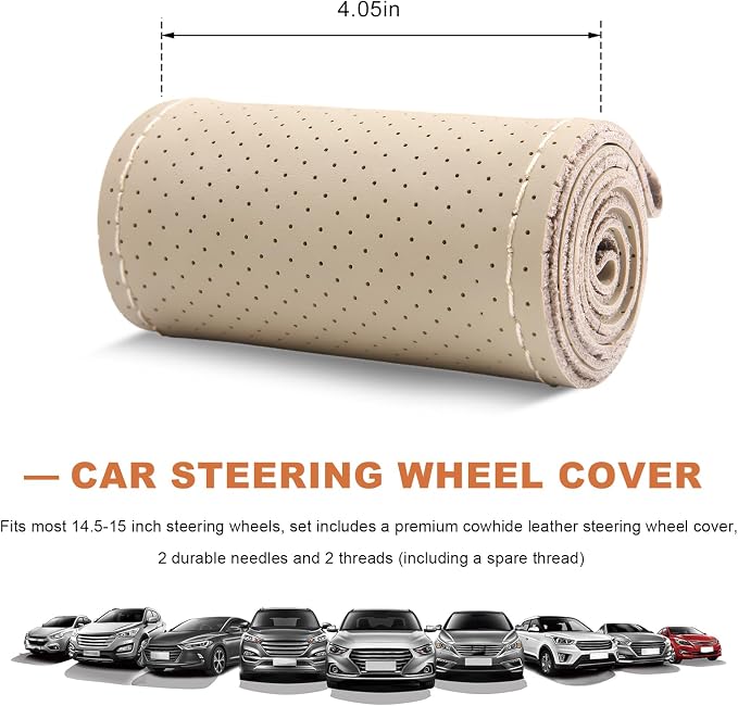 Genuine Leather Steering Wheel Cover, 15 Inch Stitch on Wheel Wrap with Needles & Threads, Breathable Steering Wheel Protector DIY Sewing Wrap for Car Truck SUV (Beige, Full Hole)