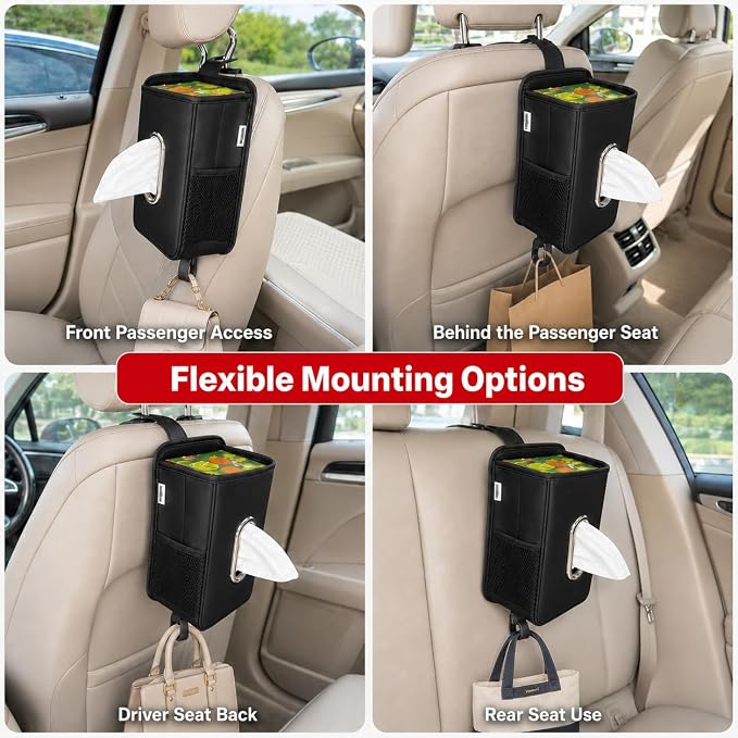 Witaxima 4 in 1 Car Tissue Holder 2 Pack with Headrest Hooks, Small Trash Can & Seat Back Organizer, PU Leather Tissue Box Cover for 120 Tissues, Trash Pockets & Hook Set, Keep Car Tidy，Black