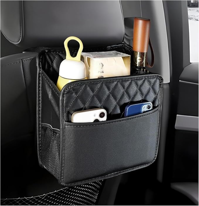 Car Seat Back Organizer, Waterproof Leather Hanging Backseat Organizer with Storage Pockets, Large Capacity Auto Trash Bag Collapsible Document Holder for Most Vehicles