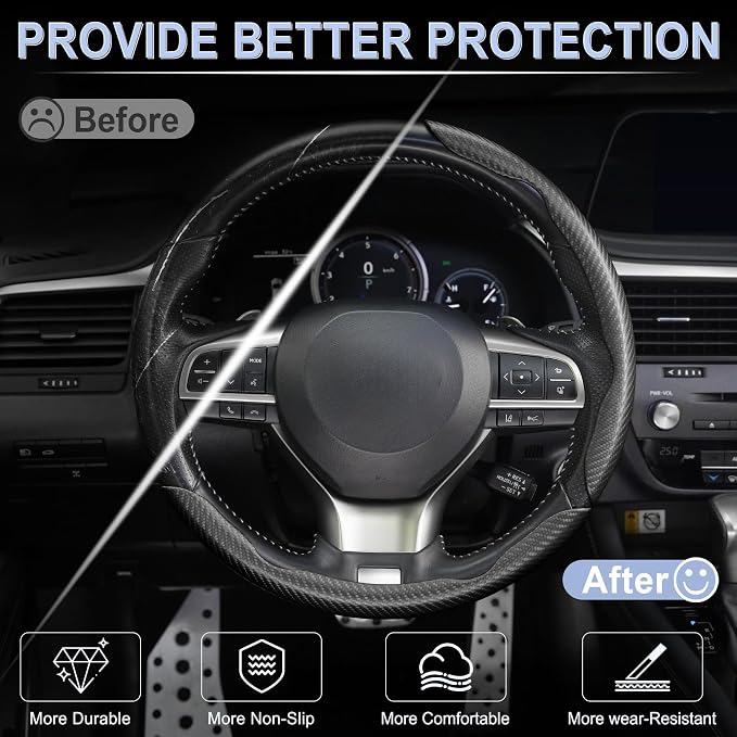 Amiss 3pcs Carbon Fiber Anti-Skid Steering Wheel Cover, Waterproof & Segmented Butterfly Design, Universal 99% Vehicle Wheel Cover Protector, Car Interior Accessories (Black-3pcs)