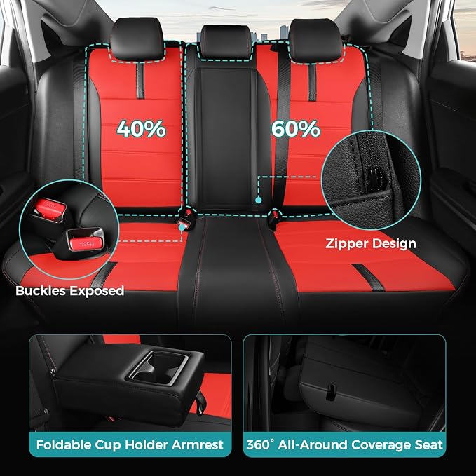 Seat Covers for Honda Civic Hatchback LX, EX, EXL, Sport, Touring, 2016-2021, Faux Leather Car Seats Cover Full Set Seatback Waterproof, Black Red (60/40 Split Seatback)