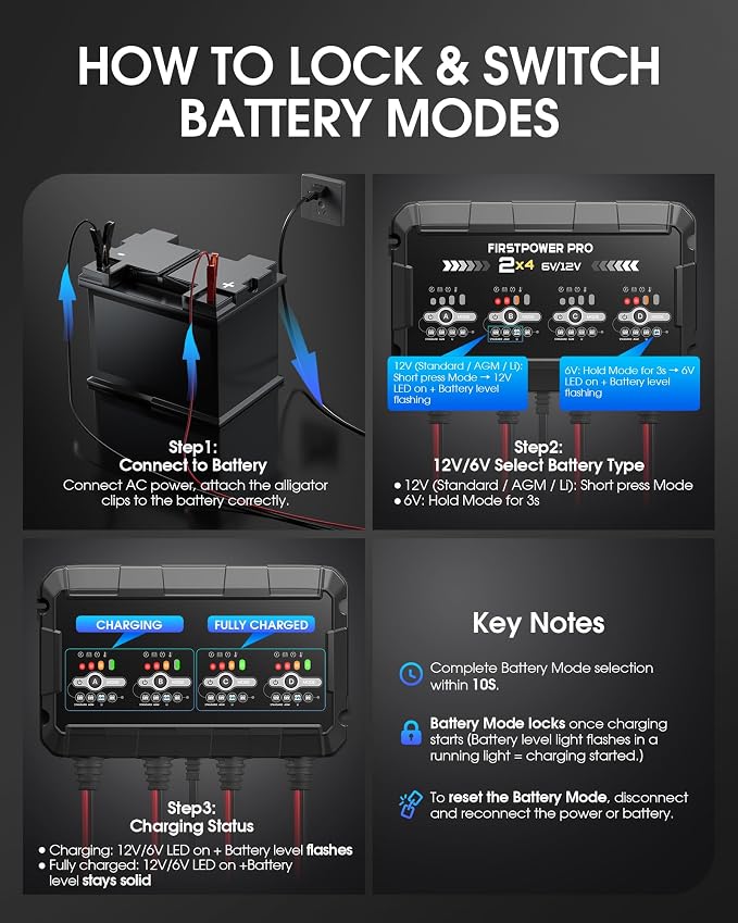 8A 4-Bank Car Battery Charger (2A/Bank) - 6V & 12V Automatic Trickle Charger, Motorcycle Battery Maintainer & Desulfator with Overcharge & Temperature Compensation – for Lead Acid, AGM, Gel, LiFePO4