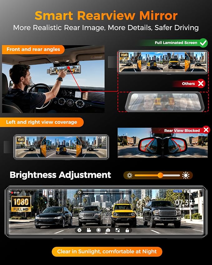 4 Channel Mirror Dash Cam,12" Rear View Mirror Camera,1080P Front Rear Left Right Dash Camera for Car, WiFi Smart Rear View Mirror Camera with 64GB Card, Night Vision, 24H Parking Monitor, G-Sensor