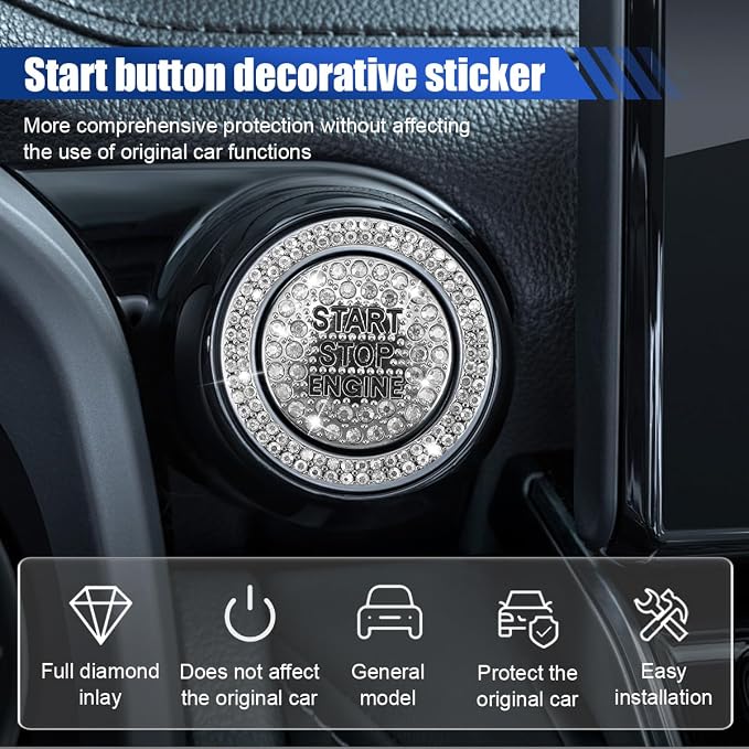 Bling Crystal Car Engine Start Ring Sticker, Sparkling Rhinestone Push Start Button Decorative Cover, Anti-Scratch Key Ignition & Knob Bling Ring Car Interior Accessories for Women (White)