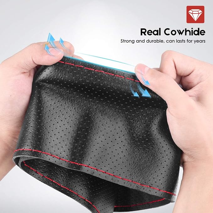 Belinous Perforated Leather Car Steering Wheel Cover (Size M5, Black & Red) | Stitch On Wrap, Universal fit 13-20 Inch, Whole Piece of Cowhide, DIY w/Needle Thread, Breathable Anti-Slip Design
